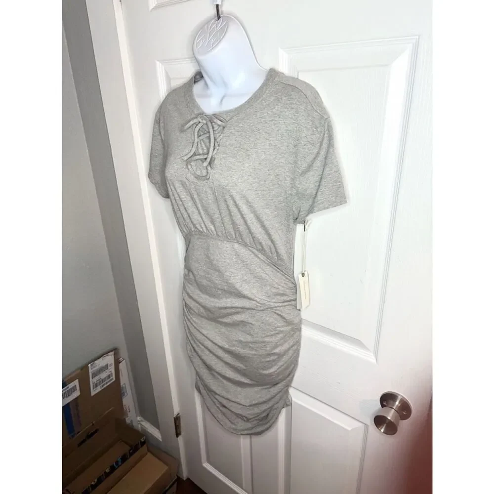 Anthropologie Field Play Short-Sleeve Ruched Mini Dress Lace-Up Gray M NWT - Picture 8 of 13